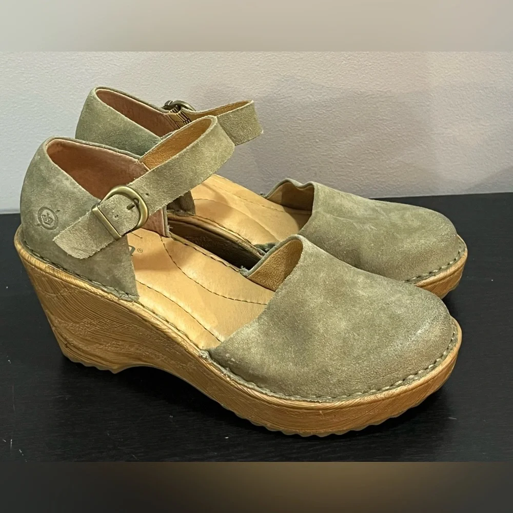 Women's Green Born Nellie Mary Jane Suede Wedge Clogs Size 6 - Picture 1 of 11